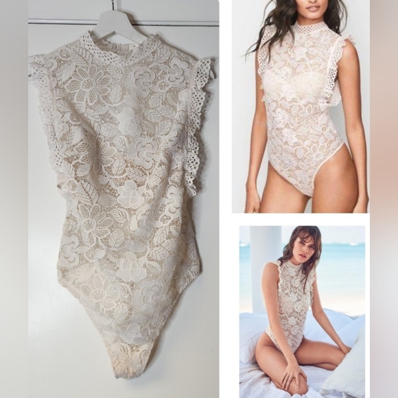 Victoria's Secret Tops - Victoria's Secret White Lace Mesh Bodysuit Fairycore Cottagecore Ivory / Tan M